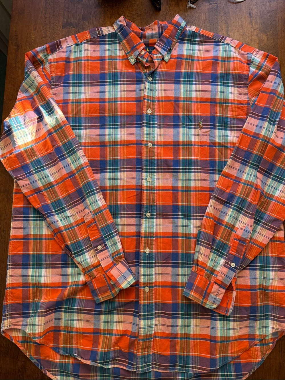 Polo Ralph Lauren XLT Plaid Button Down Shirt Orange Blue 100% Cotton Big & Tall